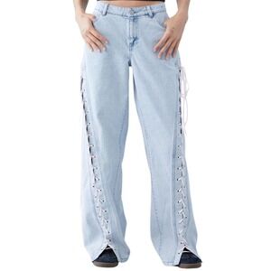 PacSun Light Indigo Bow Ribbon Lace Up Low Rise Baggy Jeans Sz 23 preppy stylish